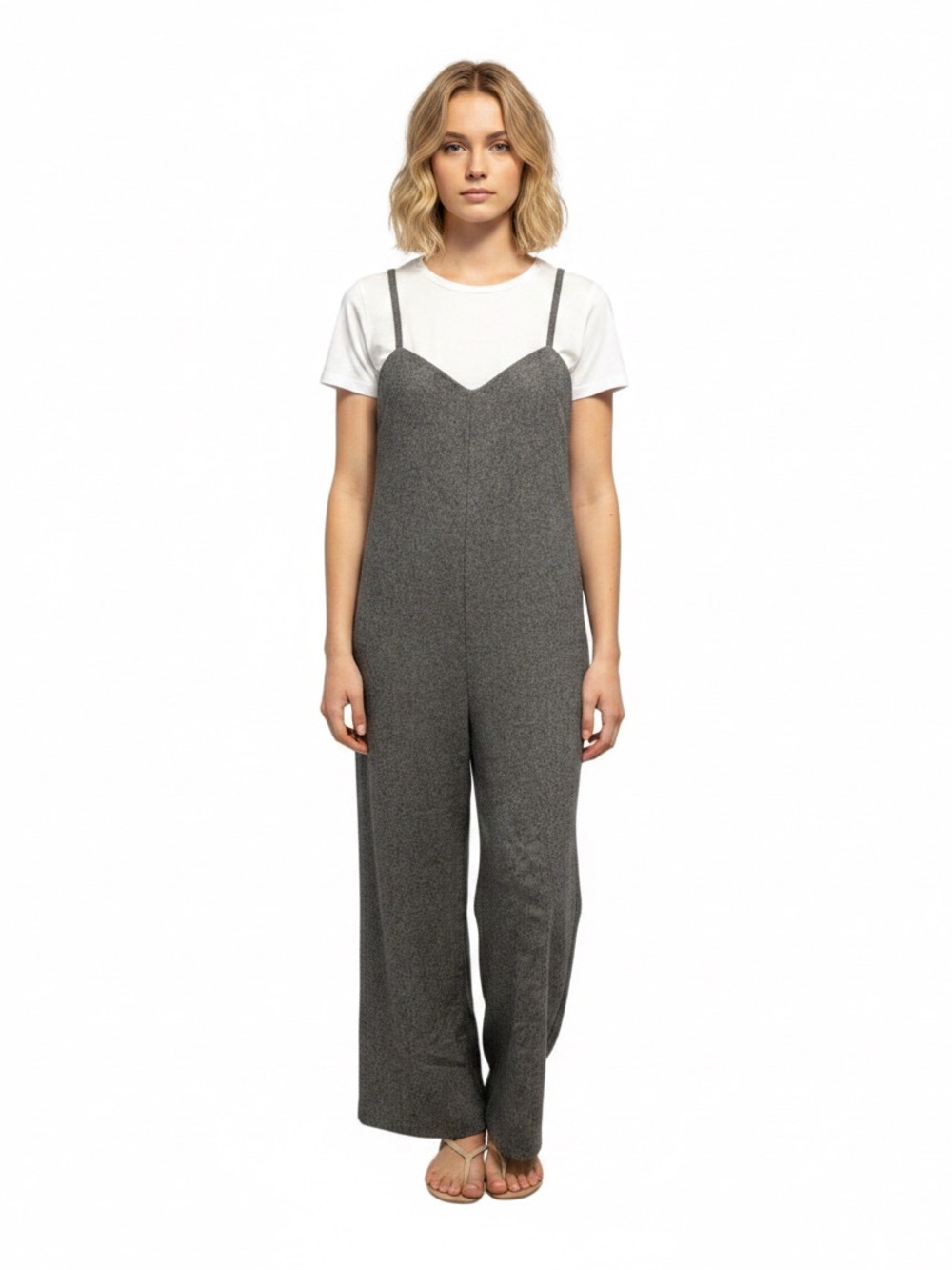 Oak + Fort Jumpsuit Wide Leg & Sweetheart Style Grey Wool - S